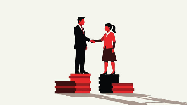 Gender pay gap concept with woman on higher coin stack than man vector