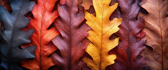 Autumn oak leaves arranged in color gradient, nature background, fall season imagery