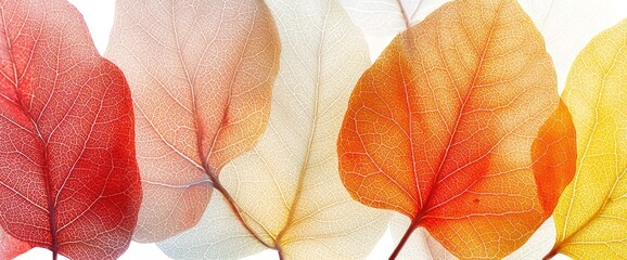 Colorful autumn leaves, close-up, white background, nature design