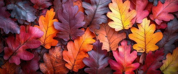 Autumn oak leaves ground cover, fall colors, nature background, seasonal design