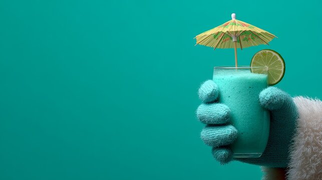 Winter-gloved hand presents vibrant tropical blue smoothie with lime, umbrella, and fuzzy glove, suggesting a playful blend of summer and winter themes against teal backdrop