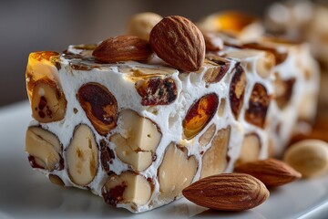 Traditional Spanish turron nougat bar with almonds, hazelnuts, and dried fruit, symbolizing festive holiday treats and Mediterranean culture
