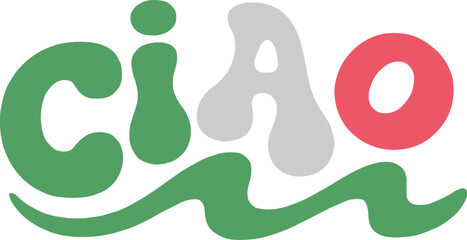 Playful ciao logo featuring bubbly colorful typography and green wave element for Italian greeting and coastal travel branding. © Bahadur