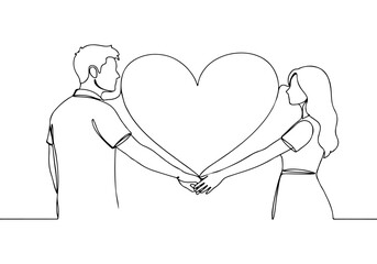 An elegant continuous line art illustration of a couple holding hands in front of a large heart, perfect for Valentines Day