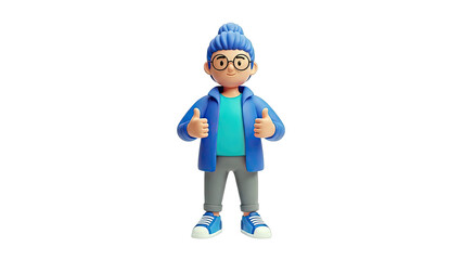 Fototapeta premium 3D Character Giving Thumbs Up with Blue Hair and Glasses