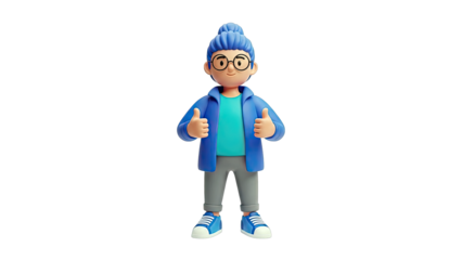 3D Character Giving Thumbs Up with Blue Hair and Glasses
