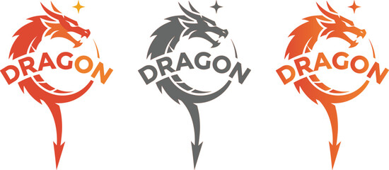 Stylized dragon logo set featuring circular mythical beast emblems in orange grey and gradient colors for esports branding.