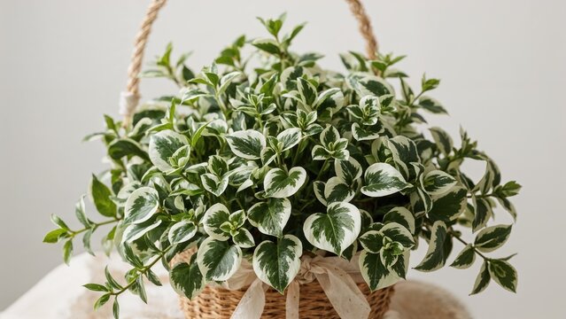 Variety of variegated green and white leafy plant in wicker basket with hanging handle.