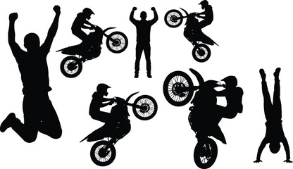Extreme motocross silhouettes showing dirt bike stunts, jumping riders, fitness poses, adrenaline, power, action sports lifestyle concept isolated white background © Nurul