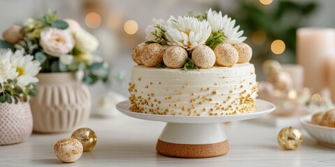 Sophisticated white cake with floral and gold details on stand, surrounded by candles and flowers, ideal for upscale celebrations or elegant events