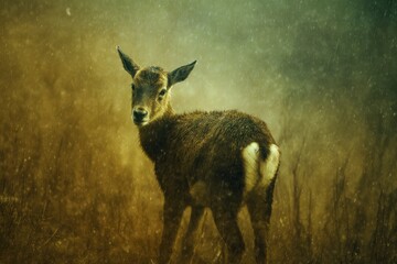 Young deer standing in misty meadow, beautifully captures nature's serene beauty and wildlife photography at its finest. Perfect tranquility.