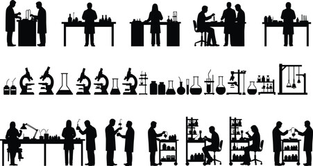 Laboratory scientist silhouette set, chemistry research experiments, medical lab equipment icons, scientific teamwork vector illustration, isolated white background design, collection