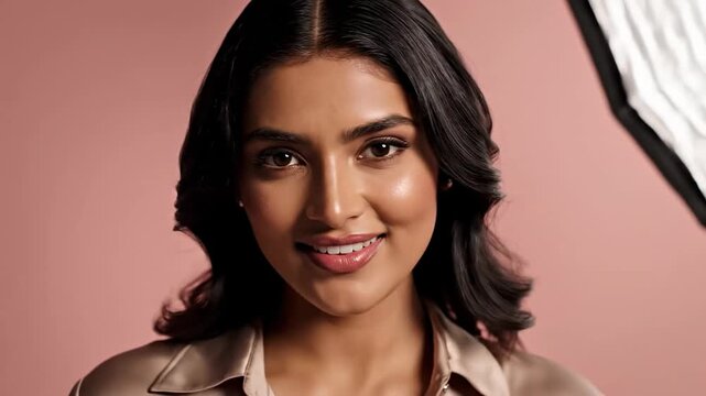 Beautiful Young Indian Woman Smiling Confidently at the Camera in a Studio.