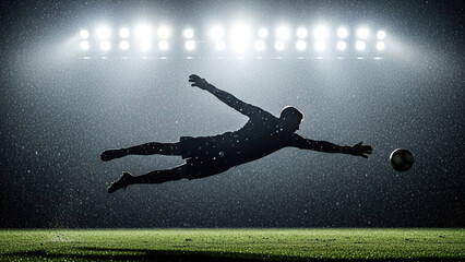 A goalkeeper diving to save a soccer ball under stadium lights. A silhouette of a player, showcasing action and determination