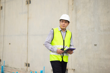 Professional Architects Engineer working at construction site. Asian Man working, Architect or contractor working on house building under construction site. Civil Engineering in safety harthat helmet
