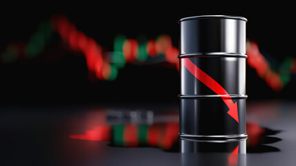 Red Declining Trend Line Near Oil Barrel Illustrating Market Crash in Petroleum and Fuel Costs