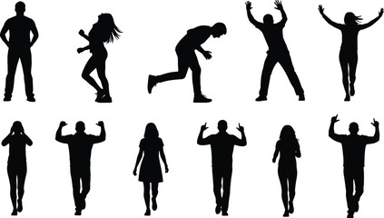 Obraz premium People silhouettes collection showing walking, running, dancing, celebrating, confident poses, human movement, lifestyle expressions concept isolated white background