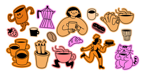 Vector doodle hand-drawn illustrations, logo and badge design elements, specialty coffee shop and bakery related mascots and icons © venimo
