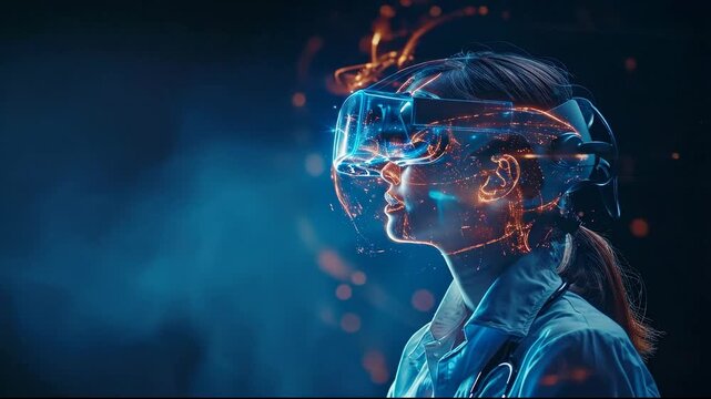 Futuristic human wearing augmented reality headset with holographic interface.