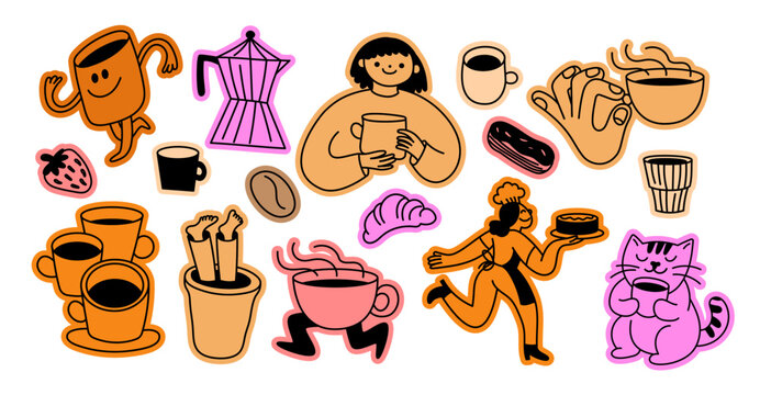 Vector doodle hand-drawn illustrations, logo and badge design elements, specialty coffee shop and bakery related mascots and icons