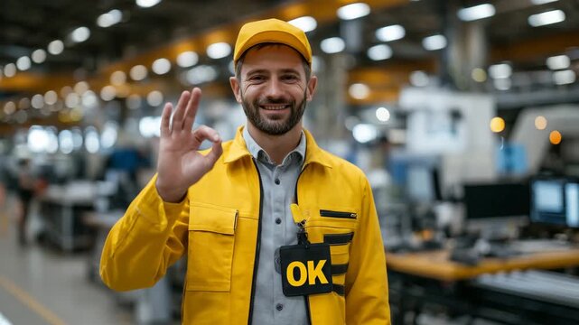 283Engineer in yellow uniform giving an OK sign on a factory floor, conveyor belts and heavy machinery blurred behind, warm lighting emphasizing pride in craftsmanship and workplace