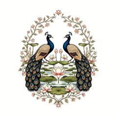 Two colorful peacocks standing on lily pads surrounded by pink lotus flowers and green isolated on a transparent background