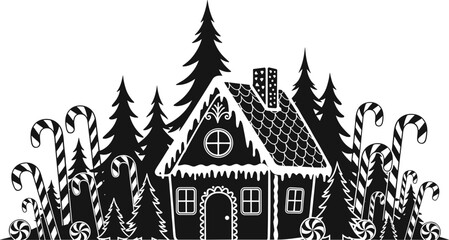 Obraz premium Whimsical black and white illustration of a gingerbread house surrounded by festive trees and candy canes