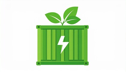 Sustainable green energy container with leaves and lightning bolt icon, symbolizing eco-friendly power storage and clean electricity.