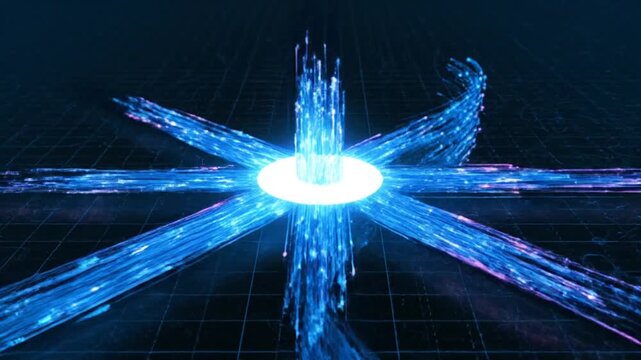 Abstract digital world map with glowing fiber optics and data streams conveying global connectivity