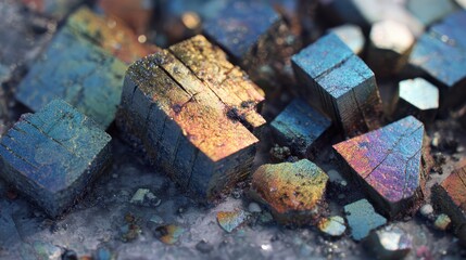 Pyrite Cubes: A close-up shot of pyrite cubes, known as fool's gold, displaying metallic luster and striking colors, showcasing natural formations