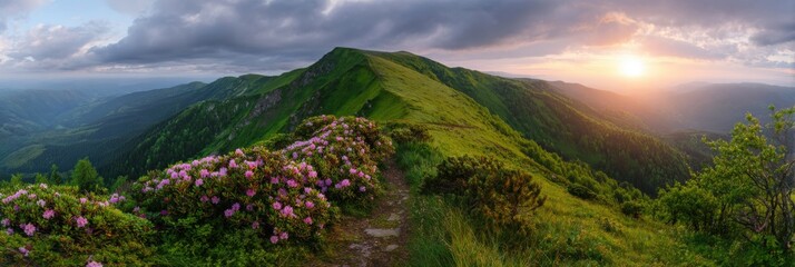 Sunset over lush mountain trail with blooming flowers and dramatic cloudy sky
