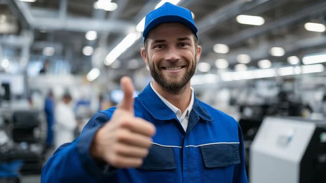 296Engineer in blue uniform giving thumbs-up on the factory floor, machinery and production equipment around, expressing satisfaction with high-quality workmanship and smooth operatio