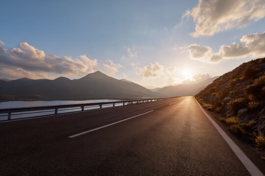 Sunset on mountain road: scenic landscape with dramatic clouds and sunlight - Powered by Adobe