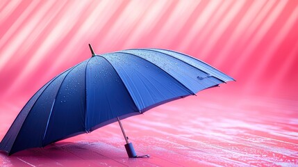 Rainy day, blue umbrella, pink background, water droplets, weather protection