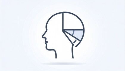 Mind analytics concept, human head outline with pie chart showing brain activity, mental health, data processing, cognitive functions.