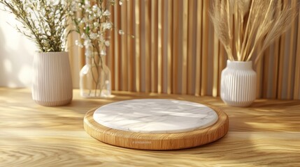 Wooden display platform with marble top, vases and flowers, sunlit background.  Ideal for product presentation