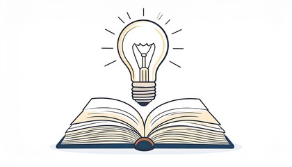 Illustration of an open book with a glowing light bulb, representing education, knowledge, learning, idea, inspiration, and discovery.