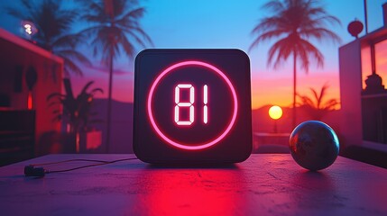 Sunset tropical scene, digital timer shows 81, relaxing vibe, stock photo