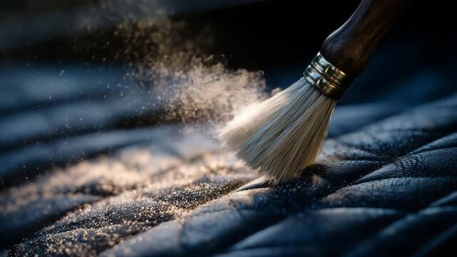 298Extreme close-up of a leather-care brush working small circular motions into ventilated leather seat sections, dry-treatment powder lifting trapped dust, high-end detailing process