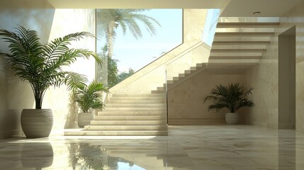 Luxurious marble staircase, sunlit lobby, palm trees, modern architecture, interior design