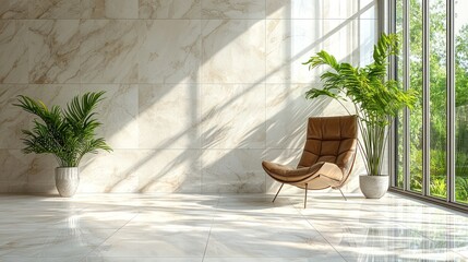 Modern lounge chair in sunlit room with plants; interior design