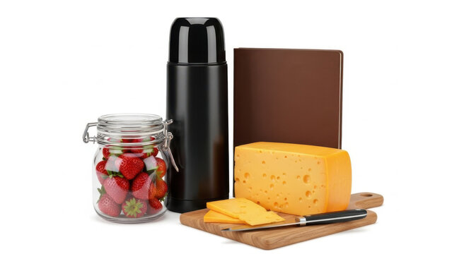 Thermos bottle, cheese, jar of strawberries isolated on white background
