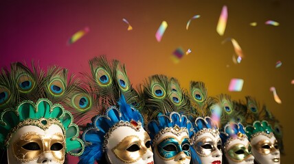 Row of ornate venetian carnival masks featuring peacock feathers and falling colorful confetti