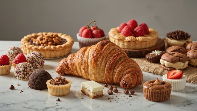 A variety of baked goods and sweets including a croissant, tarts, cupcakes, and cookies displayed on a marble surface.
