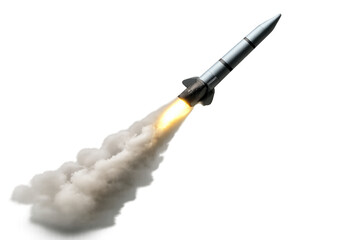 Naklejka premium Missile launching with fiery propulsion trailing smoke, symbolizing war, conflict, defense, and military technology