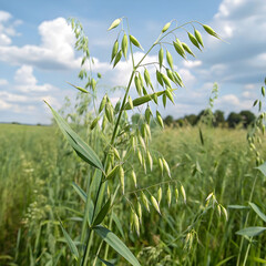 Naklejka premium An oat plant with slender green stalks and developing grains.