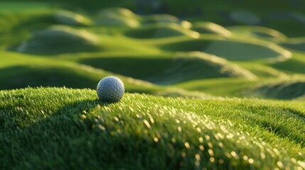 A golf ball lies on a green lawn bathed in morning light, creating an atmosphere of calm and concentration before the game, which is ideal as an atmospheric backdrop  