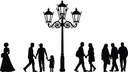 Urban Street Life Silhouettes Featuring Diverse People Walking Couples and Families Near a Vintage Lamp Post for City Lifestyle and Community Graphic Design © Fuad Creatives 