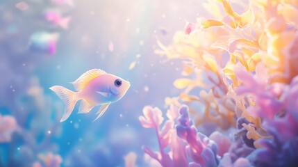 Fototapeta premium A small pastel pink fish swims near glowing coral reefs in blue ocean water