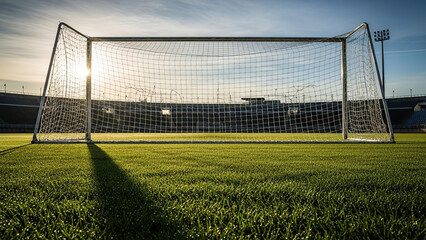 Fototapeta premium Soccer goal with a beautiful sunlight in the background.